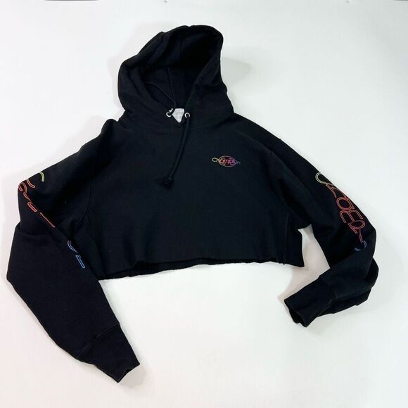 Champion Cut-Off Hoodie Womens Medium Black Reverse Weave Cropped Pullover - Picture 1 of 9
